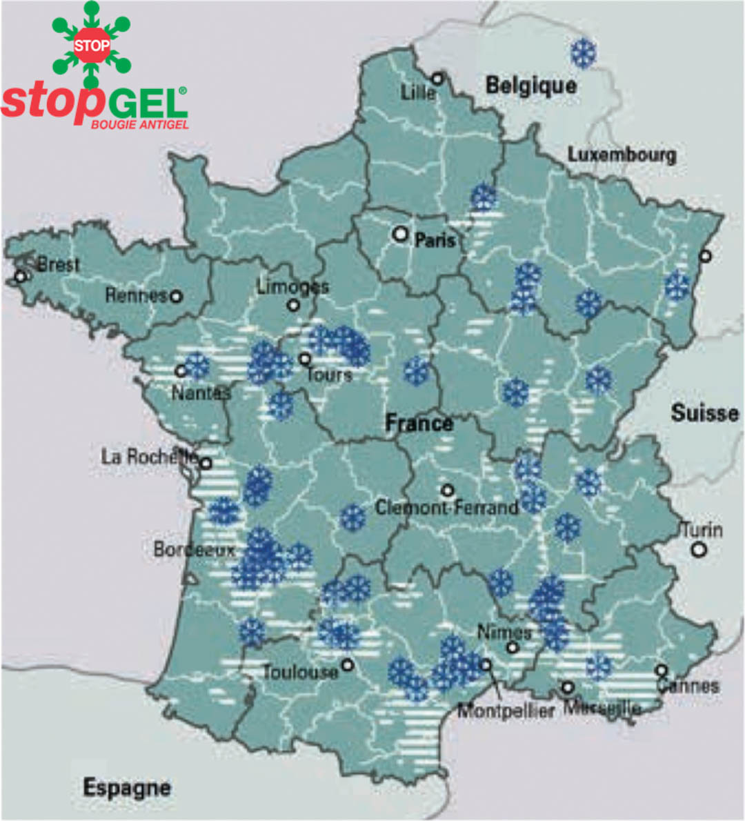 Mappa delle regioni francesi colpite dal gelo nel 2017